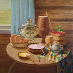 Натюрморт с самоваром, х.м., 80х80 см, 2020 г.